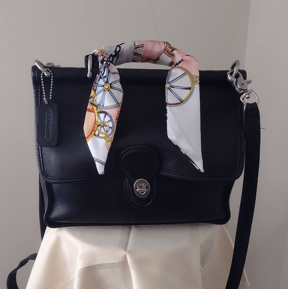 Vintage Coach Willis Bag Black Leather Bag with Scarf Accent